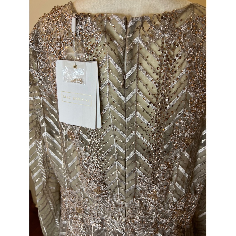 Mac Duggal Chevron Sequin Lace Long Sleeve Gown Taupe Gold Formal A Line size 16 - Picture 14 of 16